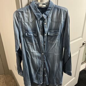 BD Collection Women's Blue Button Up Top Hi Low Long Sleeve Size L